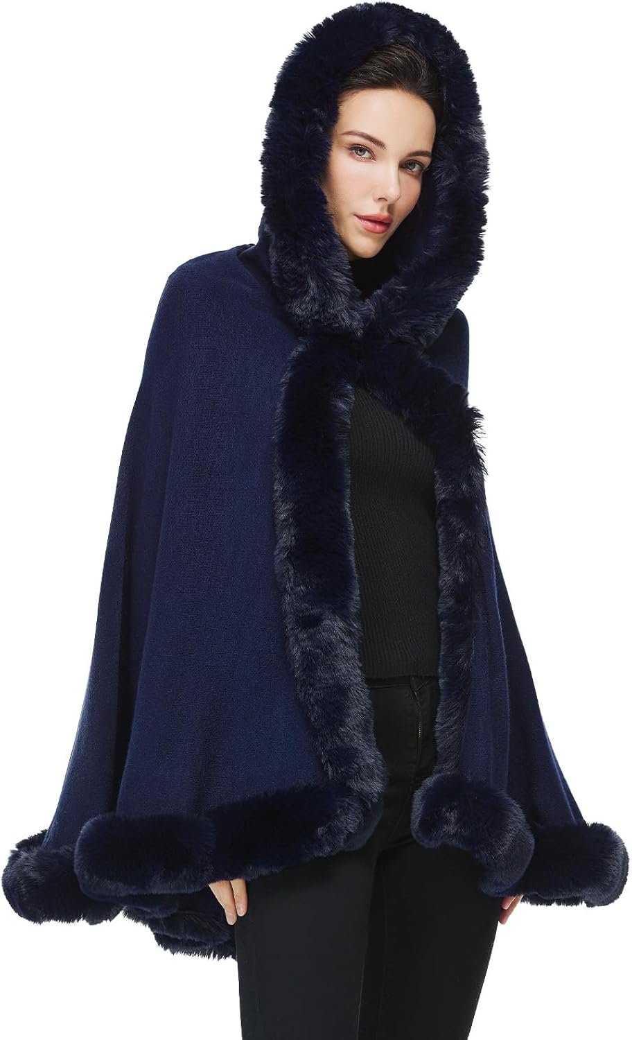 Poncho Hooded Shawl Wrap Women Cape Winter Faux Fur Trim Coat Sleeveless Cardigan Dressy Cloak for Party