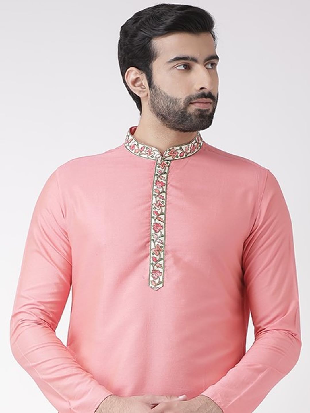 KISAH Men's Kurta – Solid Pattern Cotton Blend Tunic with Mandarin Collar, Regular Fit – Indian Wedding Outfit for Men – Festive Wear for Diwali, Eid & Celebrations, Hot-Pink, 42