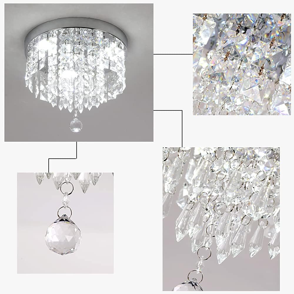 Deckrico Crystal Chandelier Modern Led Ceiling Light Flush Mount Stainless Steel Fixture Beaded Light Shade for Bedroom Dining Room Hallway Porch (White Light)