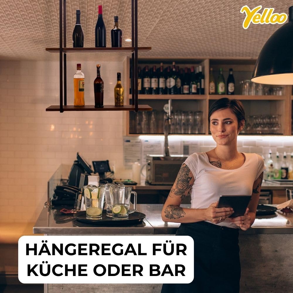 yelloo - Hängeregal für die Wand, Küchenregal, Deckenregal Zur Präsentation Von Wein, Flaschenhalter, Für Küche mit Kochinsel, Bar, Restaurant (BAR SHELF 75 cm, Braune/Walnüsse)