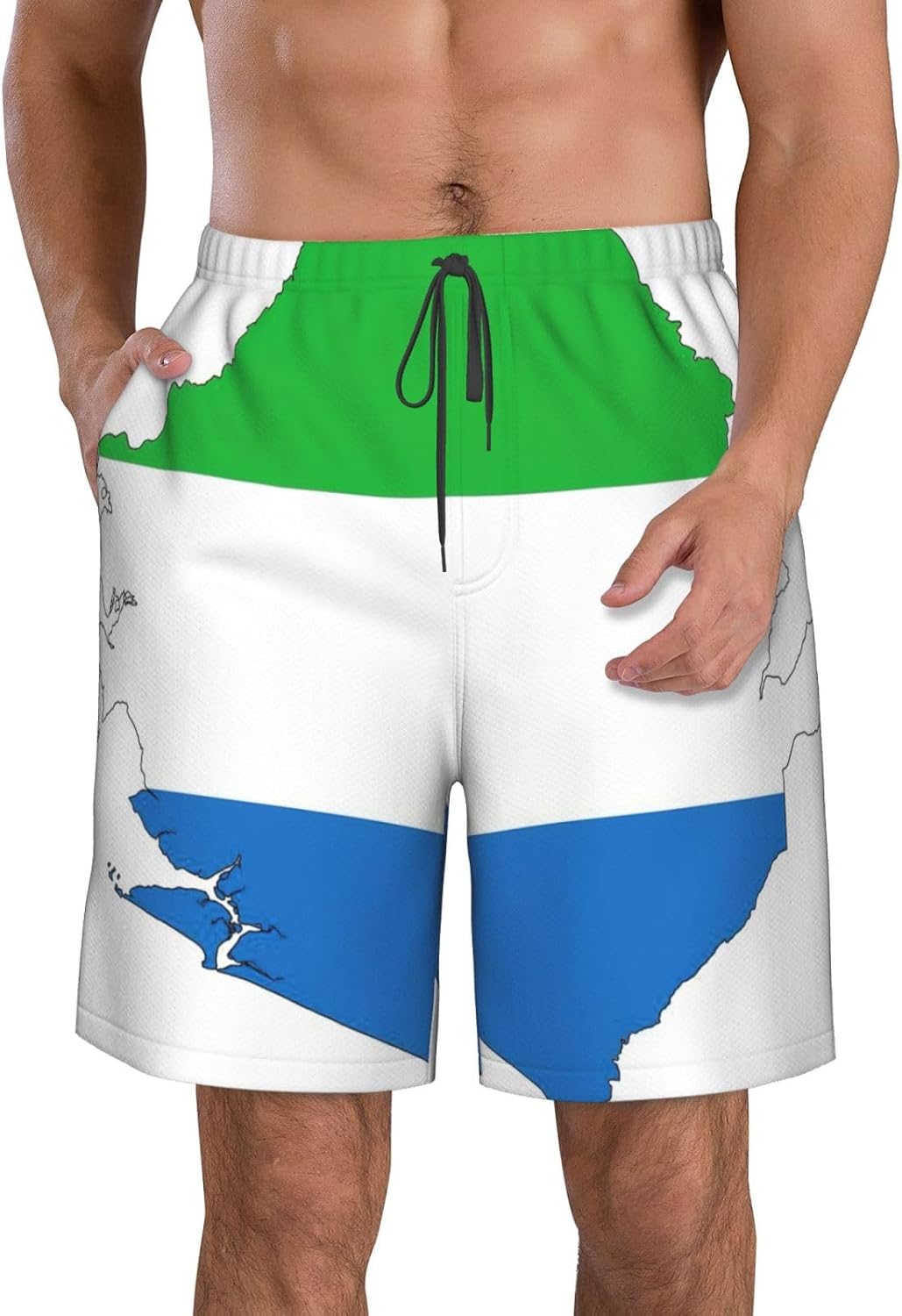 Mens Sierra Leone Flag Map Print Beach Shorts,Casual Summer Shorts for Men,Quick Dry Polyester