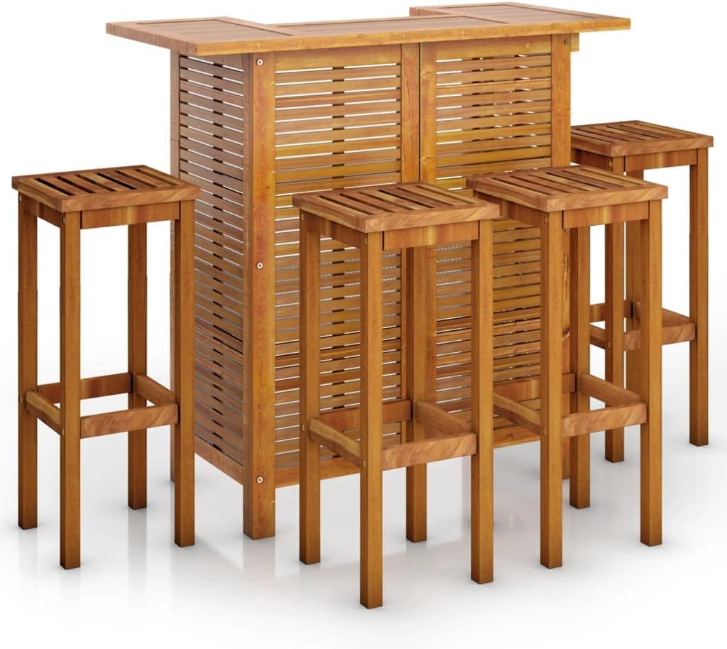 5 Piece Patio Bar Set Solid Wood Acacia Porch Furniture Patio Table and Chairs Set Outdoor Patio Set Suitable for Lawn, Garden, Poolside.