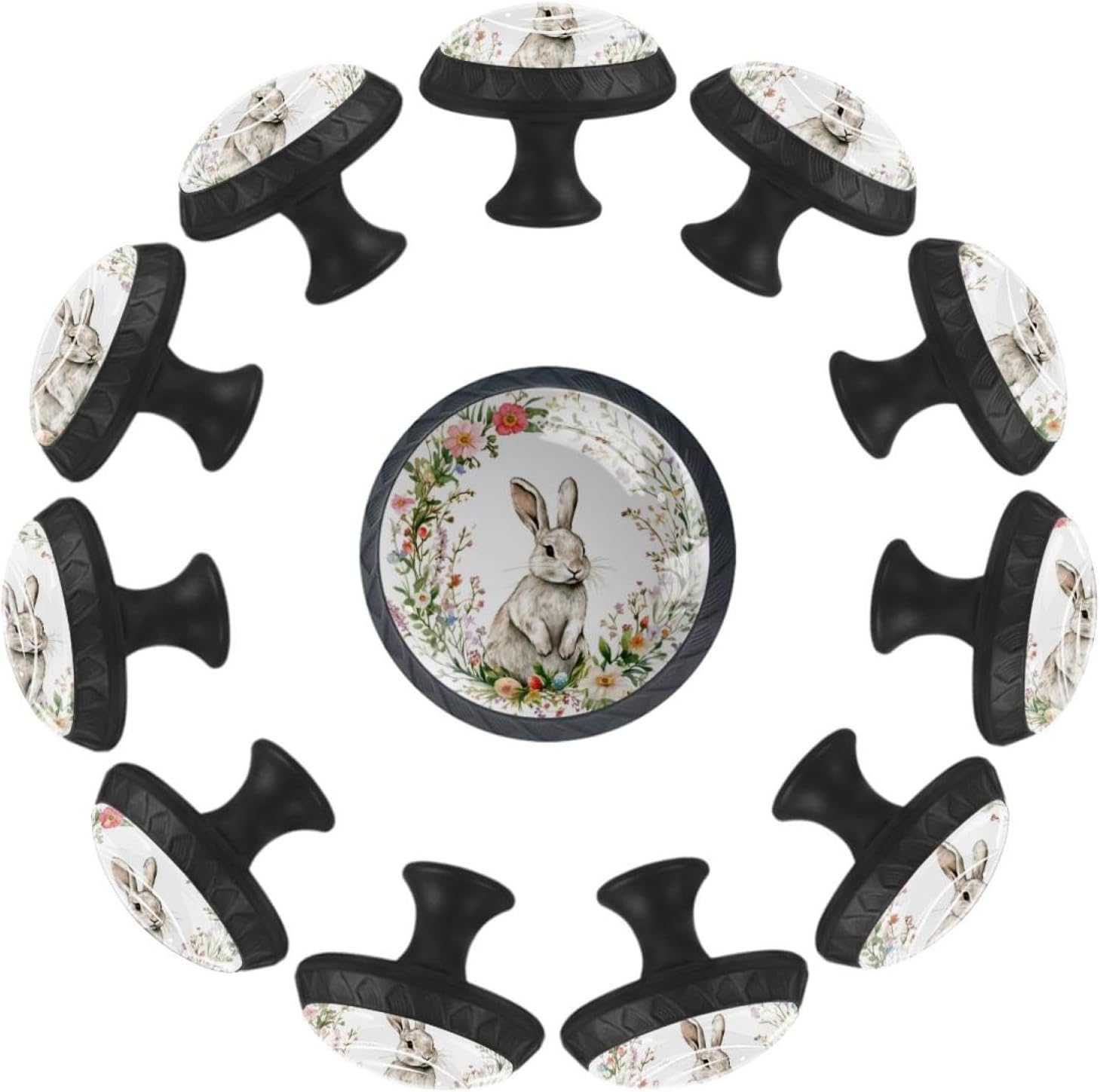 Black Easter Wreath and Rabbit (2) Simple Decorative Drawer Knobs, Sturdy Cabinet Hardware with Complete Screws Kit