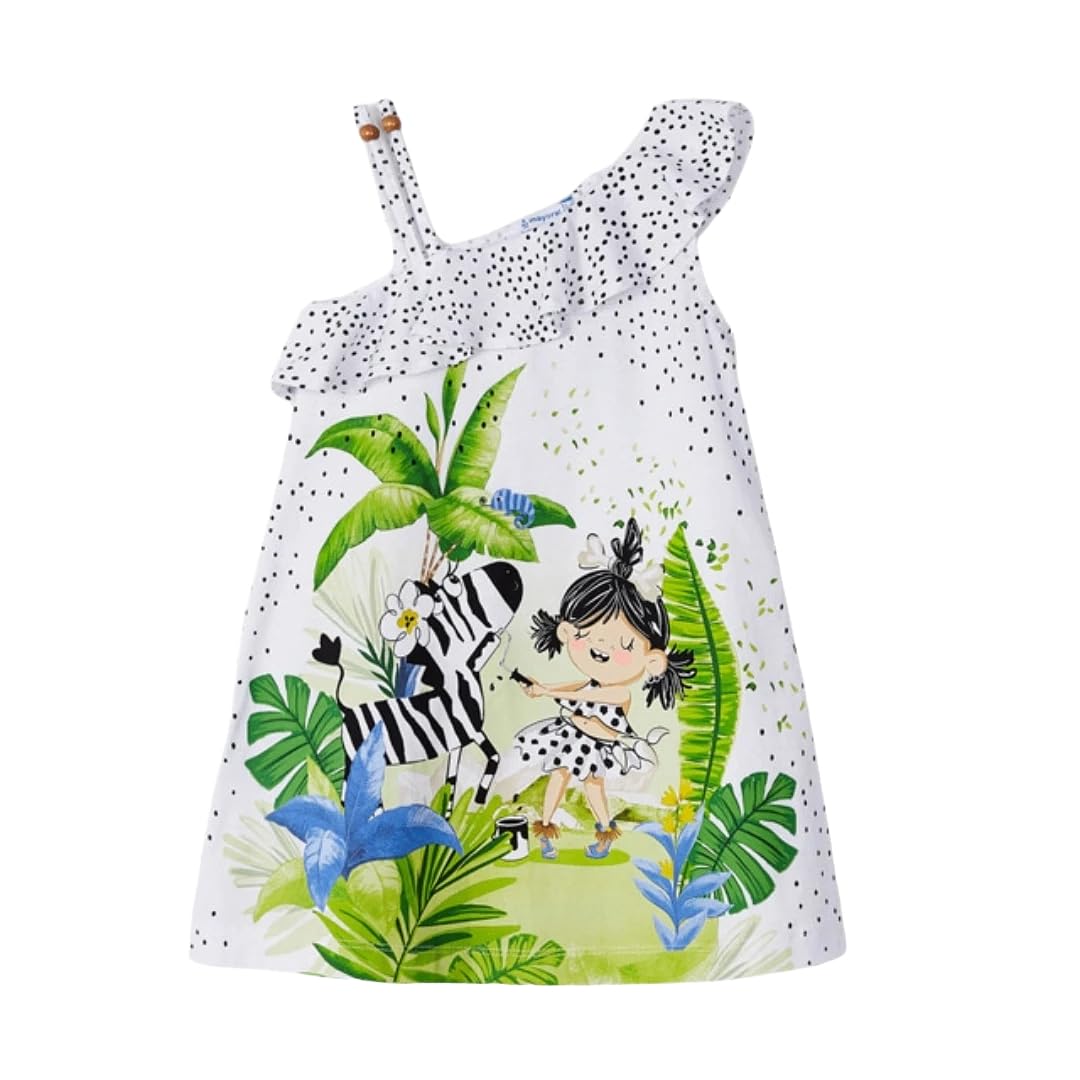 Generico Vestito Estivo Bambina 3-9 Anni con Spallina Singola – Abito Asimmetrico a Pois con Volant e Stampa Tropicale di Foglie e Personaggio su Fondo Bianco, 3935