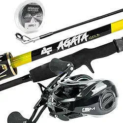 Kit de Pesca Agata Gold, Carretilha Slim Pro Direita com Vara 1,83m, 12 Libras, Linha Dourado Platinum