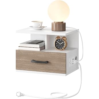 HOOBRO Bedside Table Hanging Bedside Table with Charging Station Side Table Bedside Cabinet Hanging with Open and Hidden Storage for Bedroom White Greige EWG127CBZ01