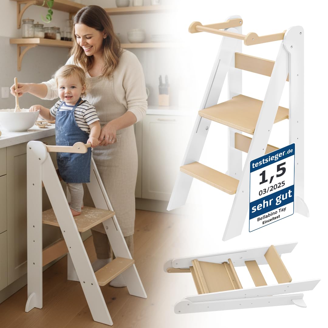 Bellabino Tay Lernturm ab 1 Jahr – Learning Tower 2-Fach höhenverstellbar & klappbar – Lernstuhl in Weiß/Natur für Kinder – Montessori Stehturm aus Birkenholz – sicherer Tritthocker mit Kippschutz