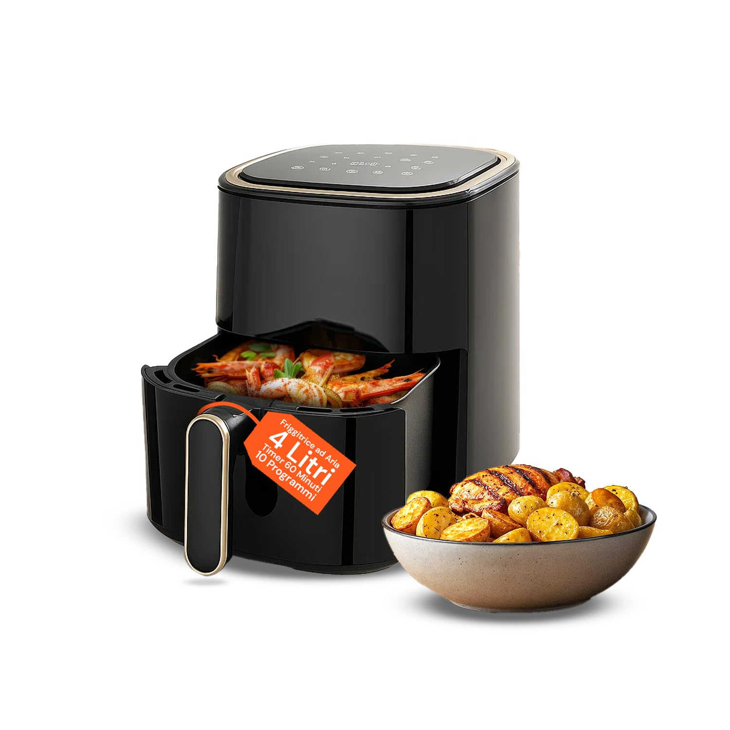Wintem - Friggitrice ad Aria Digitale da 4L con Display Touch e 10 Programmi per Cottura Sana e Croccante, Ideale per Cucinare Senza Olio con Timer Regolabile e Vassoio Estraibile