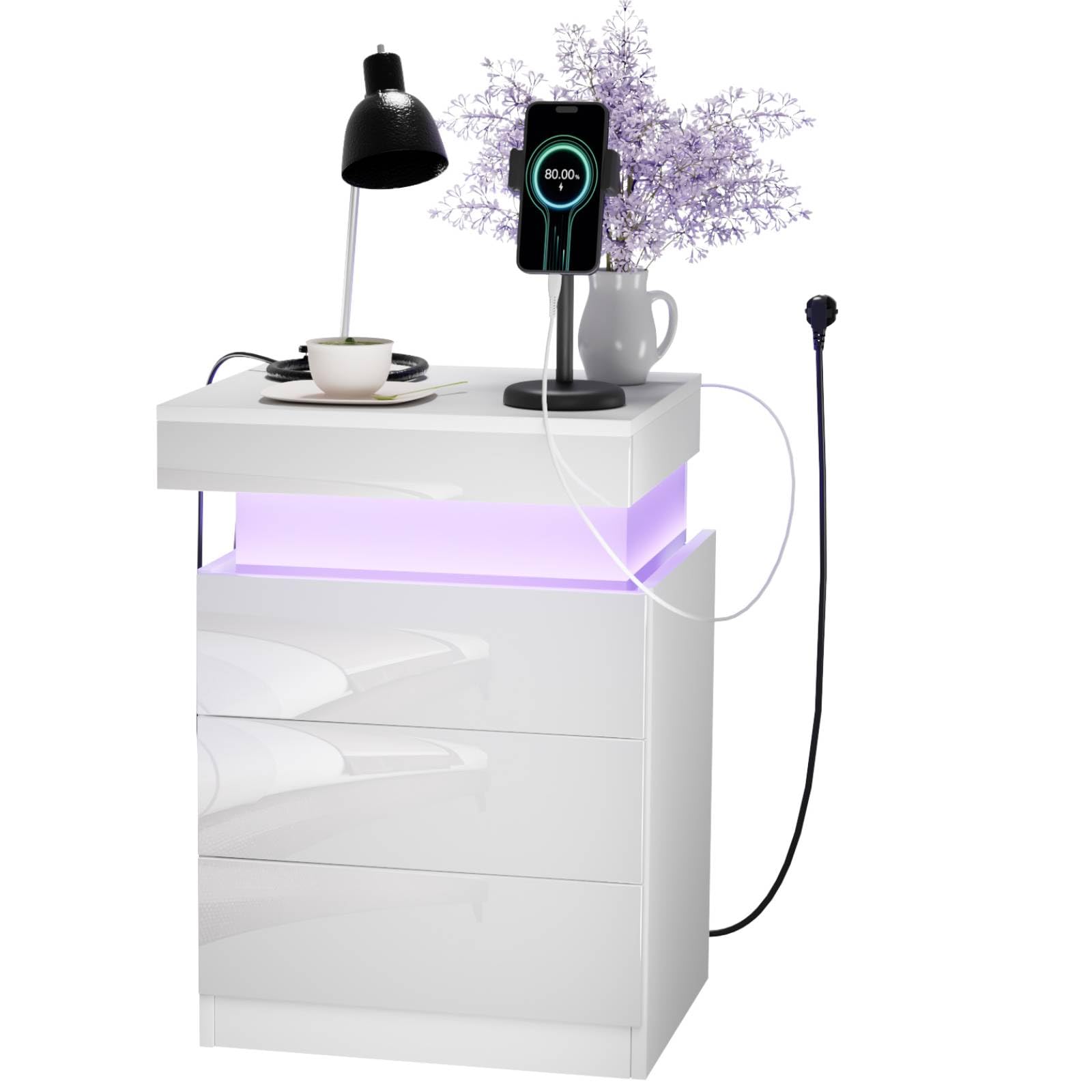 Comodino Bianco con Illuminazione LED,Comodini Camera da Letto Moderno con Presa,Comodino lucido 16 Colori Regolabile,Comodini Soggiorno, Camera da Letto con 3 Cassetti e USB,45x40x67 cm