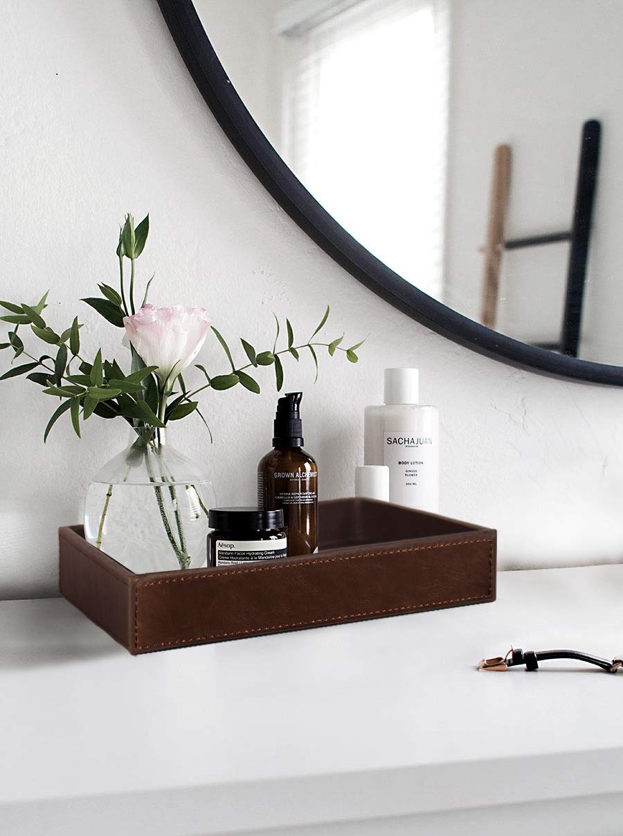 leather dresser tray HofferRuffer Decorative Vanity Tray, Desktop Storage Organizer, Catchall Tray, Valet Tray, Nightstand or Organizer, PU Faux Bathroom Tray, Brown, 10.2 x 8.4 x 1.8 inches : Home & Kitchen Mens leather catchall tray