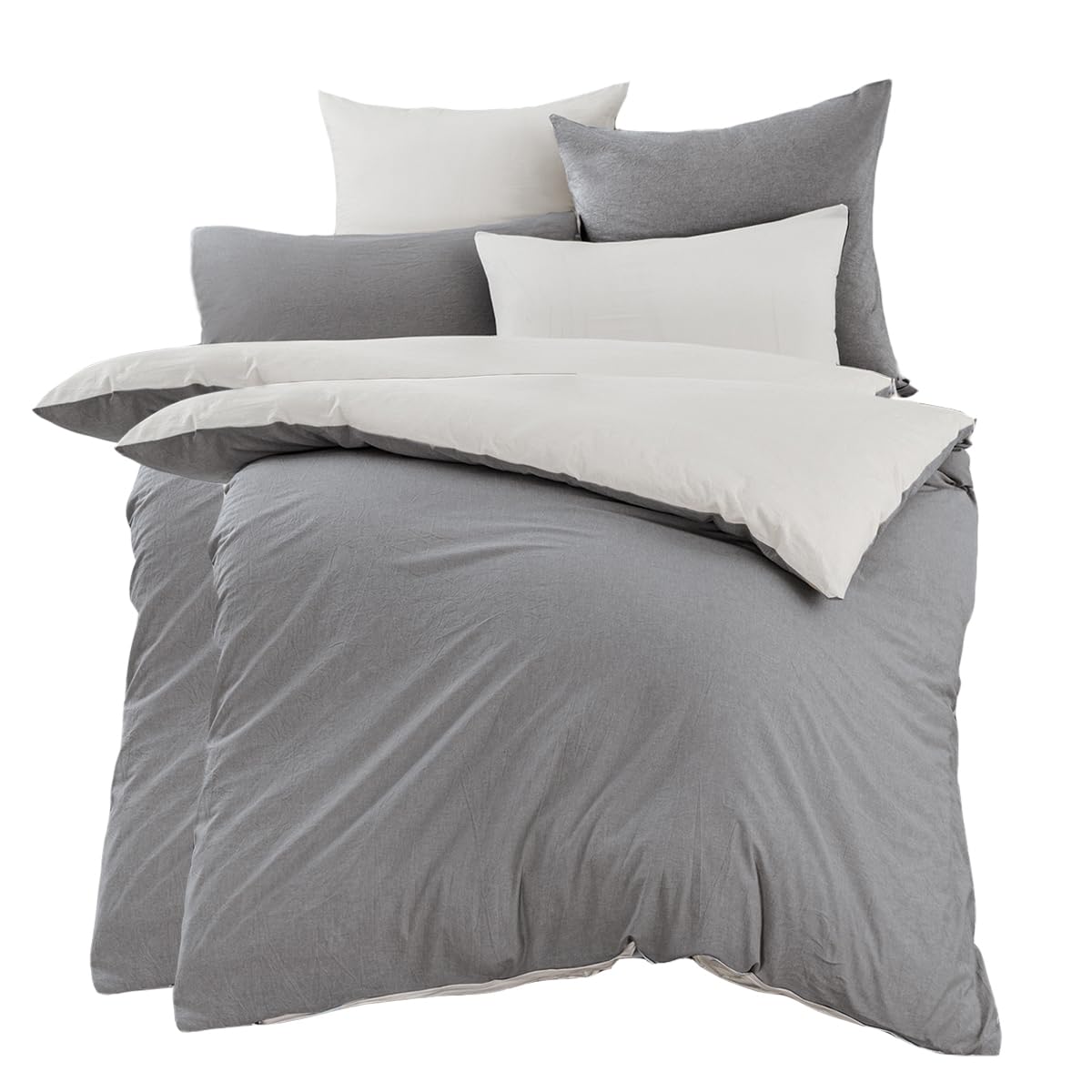 Nesture Bed Linen 135 x 200 cm Cotton 4-Piece Grey/White - Bed Linen Sets Soft and Non-Iron 100% Washed Cotton, Includes 2 Duvet Covers 135 x 200 cm and 2 Pillowcases 80 x 80 cm with Zip