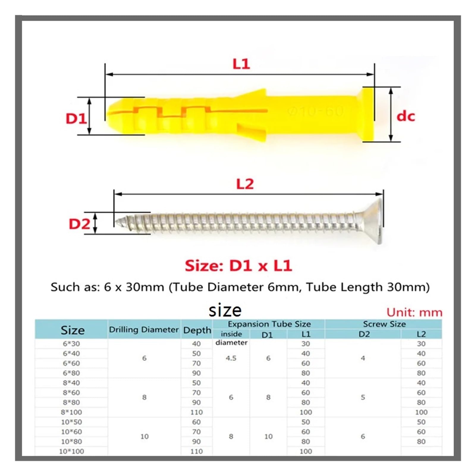 Tornillos de expansión de plástico Anclajes de pared for tubos expansión, paquetes surtidos zinc y acero inoxidable 6 mm, 8 10(10 X 100mm (10pcs),Color Zinc Screw)