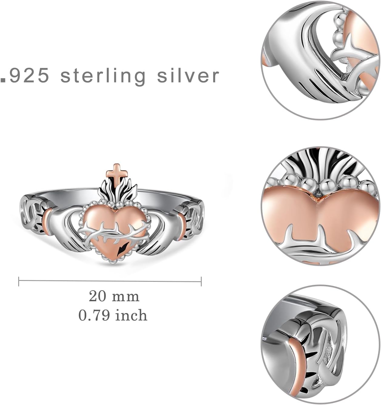 Claddagh Ring 925 Sterling Silver Sacred Heart of Jesus Christian ring Iirish Jewelry Gifts For women