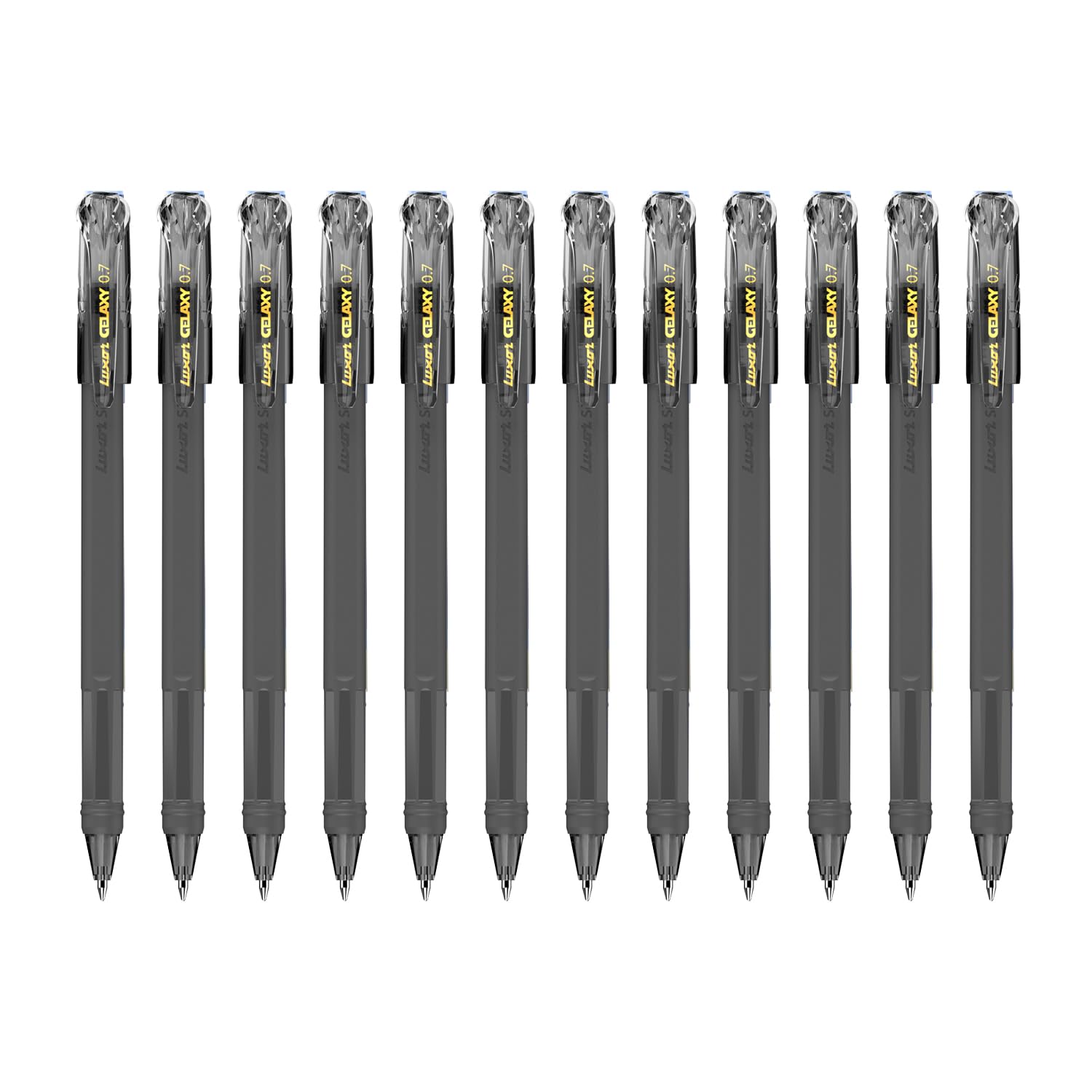 Luxor Schneider Gelaxy - Bolígrafo de gel recargable, paquete de 12 unidades, color negro, escritura precisa de 0,7 mm, tinta de secado rápido, tecnología alemana, flujo de tinta consistente