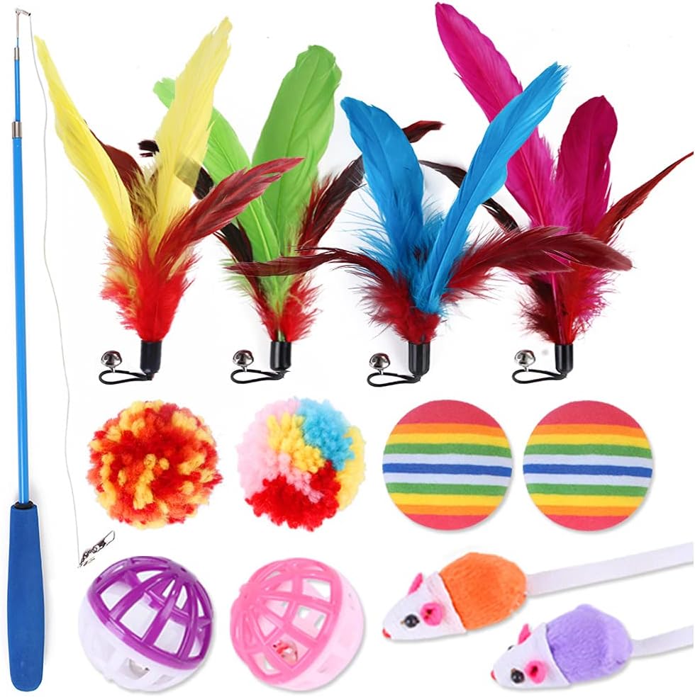 13Pcs Cat Toys Sisal Ball with Bell, Retractable Cat Teaser Wand Toy, Interactive Cat Feather Toys, Pet Scratching Ball Chew…