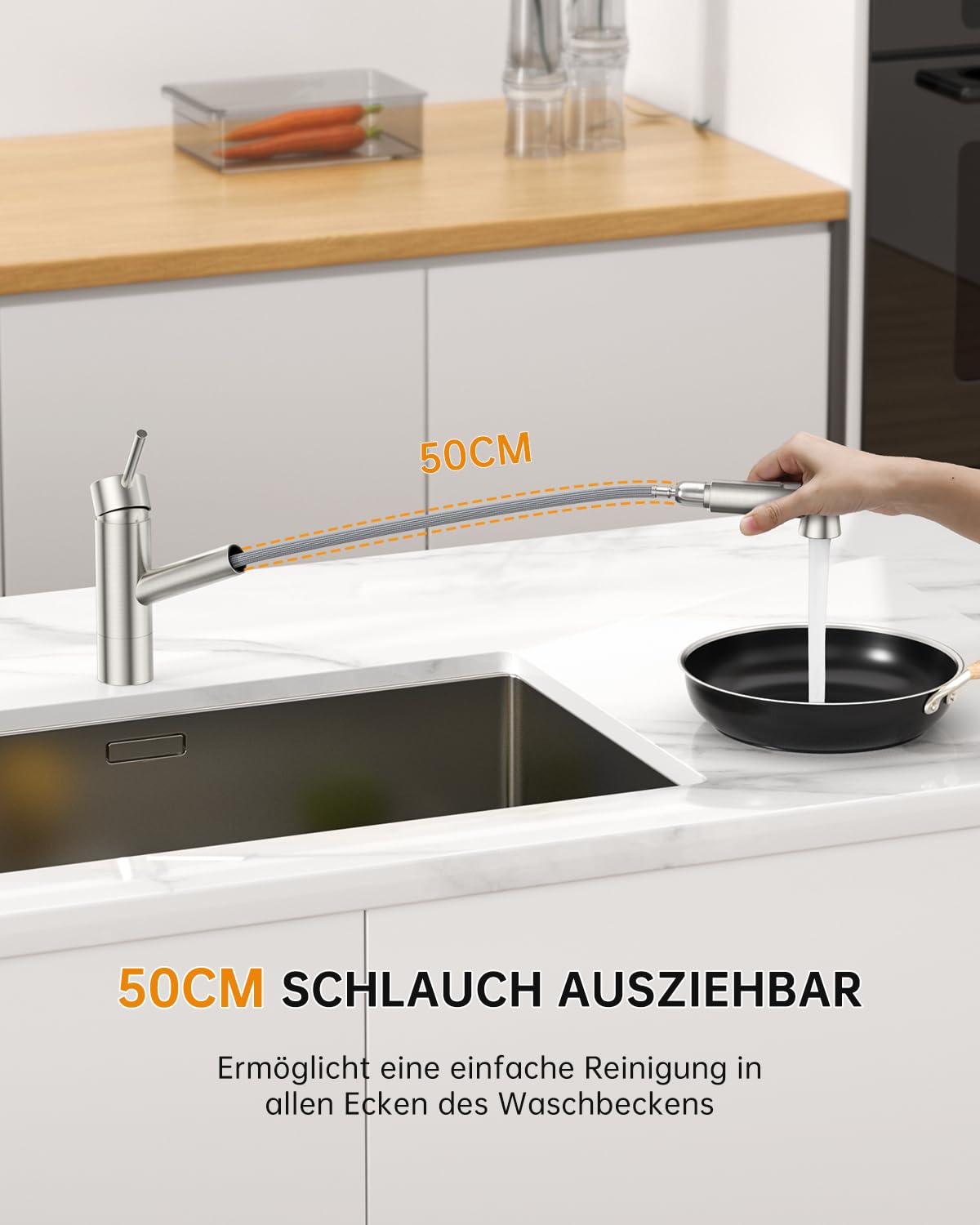 DAYONE Niederdruck Wasserhahn Küche, Niederdruck Küchenarmatur mit Ausziehbarer Brause, 3 Anschlüsse, 2 Strahlarten Spültischarmatur, Mischbatterie Küche, Ausziehbar Küche Mischbatterie für Boiler
