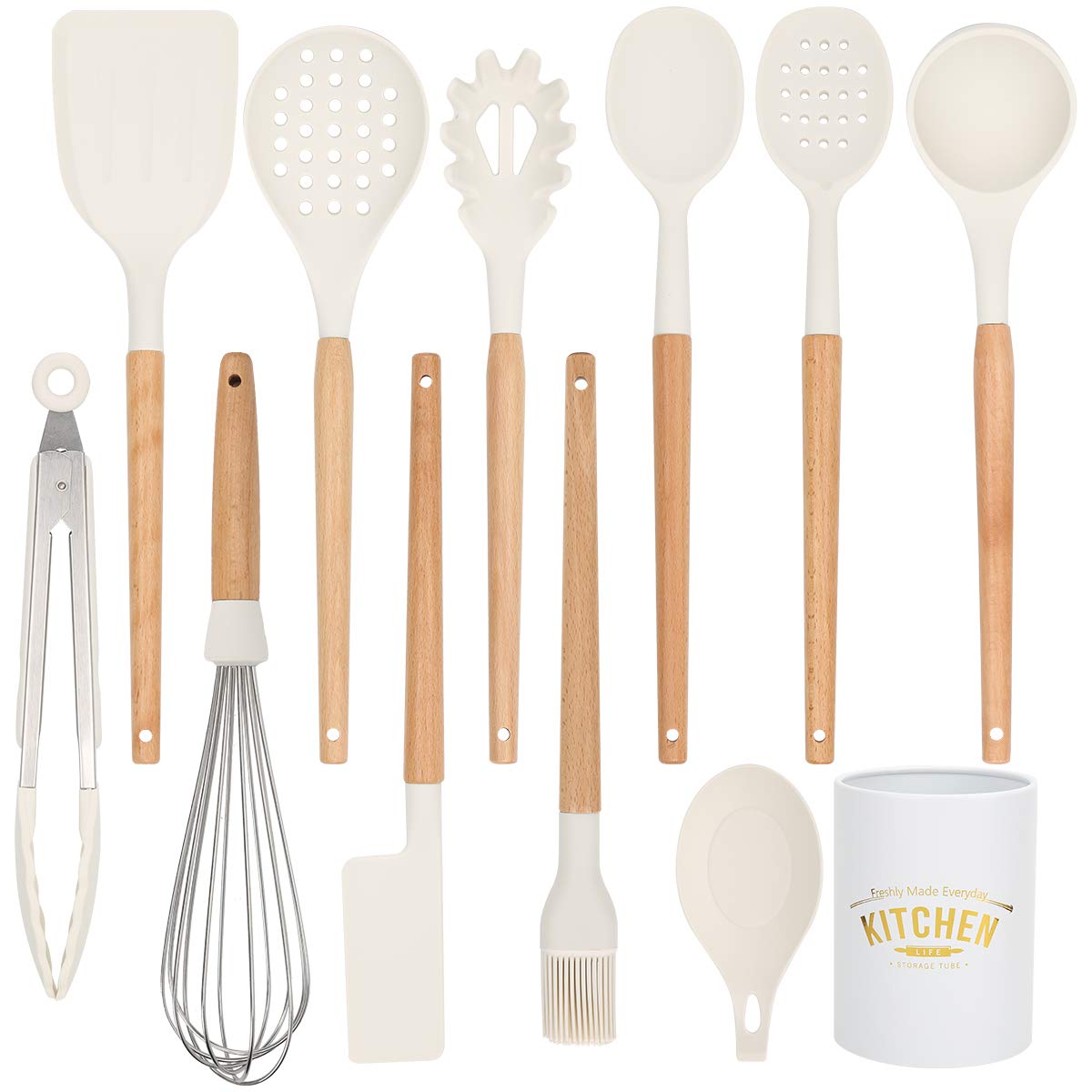 BolerGifts Cooking Utensils with Wood Handle: Professional Silicone Kitchen Tools Set with Holder for Nonstick Cookware