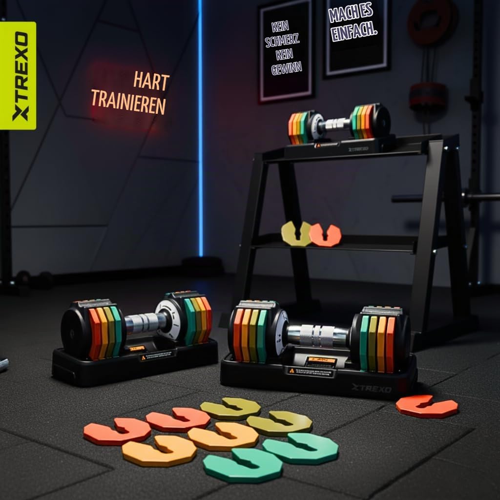 TREXO MULTICOLOR Verstellbare Hantelset 2x 5 kg Hanteln aus Stahl mit rutschfestem Griff Ideal für das Krafttraining zu Hause und im Fitnessstudio Verstellbare Hantel mit stabilem Standfuß