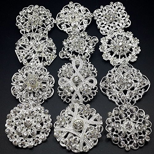 Lot 12pc Clear Rhinestone Crystal Flower Brooches Pins DIY Wedding Bouquet Broaches