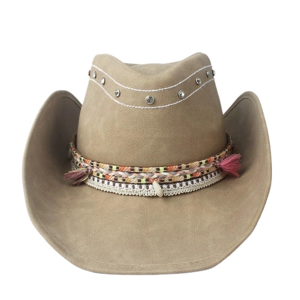Cappello da Cowboy in Pelle con Tesa Larga, Unisex, Vintage, da Donna, da Uomo, da Cowgirl, Western, con Nappa e Fascia in Pelle Intrecciata