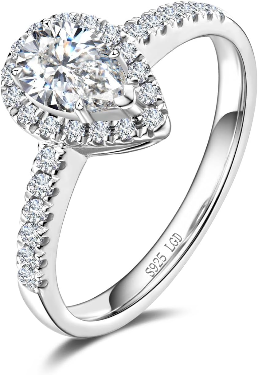 AGVANA Promise in Bloom 0.5-1.3 Ct. Tw. Lab Grown Diamond Halo Pear Engagement Ring in Sterling Silver (0.3-1 Carat Main Stone) Promise Anniversary Wedding Ring for Women (D-E Color, VS Clarity)