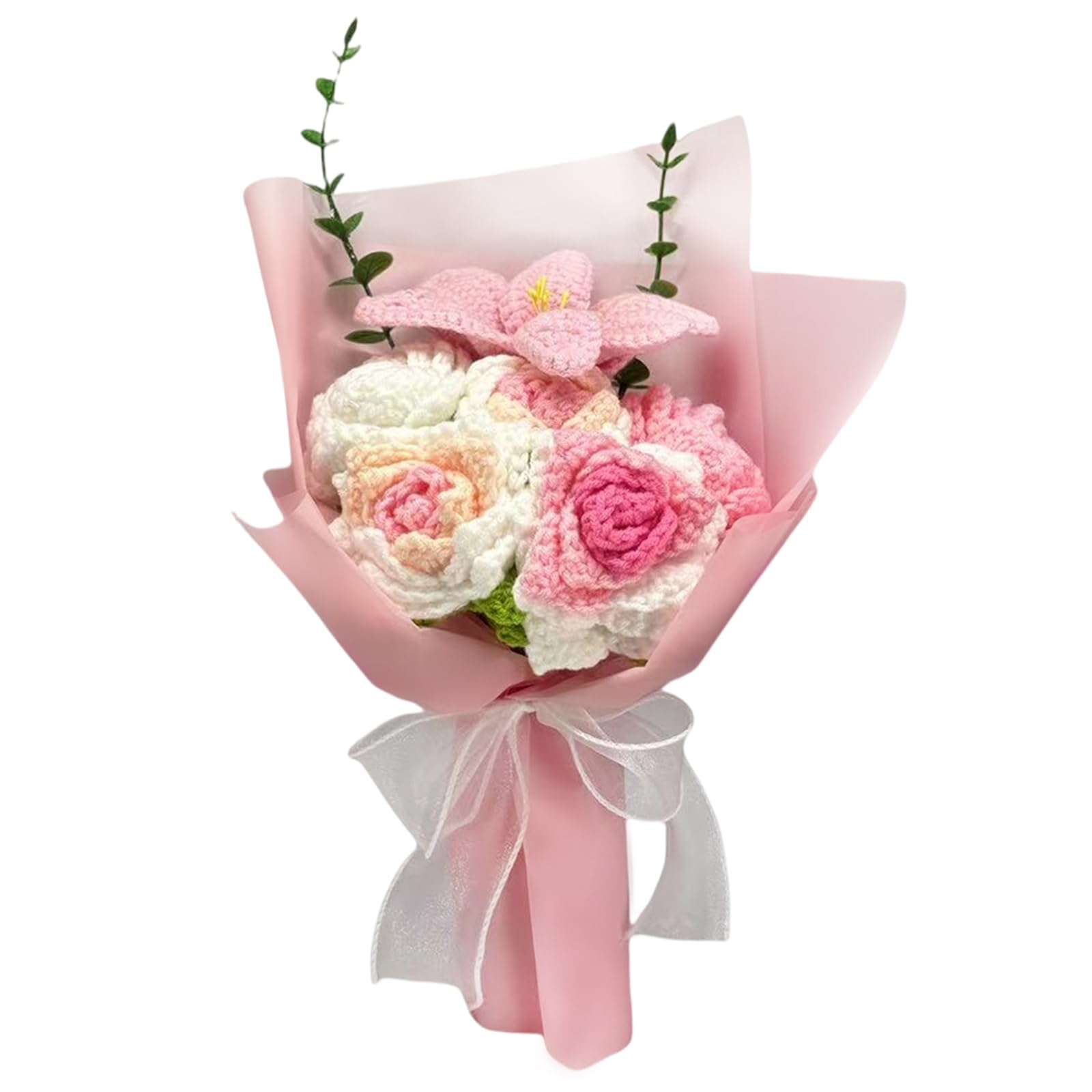 Crochet Flower Bouquet, 6 Flowers Crochet Graduation Flower Bouquet, Knitted Bouquet, Roses, Preserved Flower for Mother's Day, Valentine's Day, Birthday (Big-Pink)-image-34