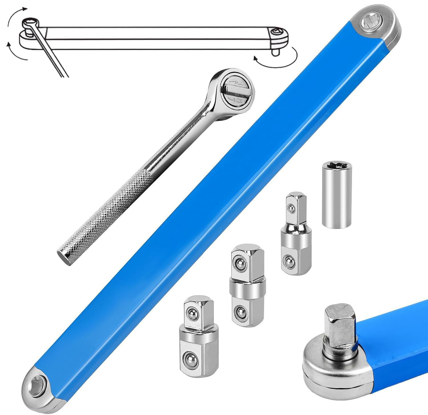 Offset Extension Wrench Set, 15.4 Inch Offset Extension Wrench with 1/2", 1/4", 3/8" Square Drive Adapters and 3/8" Drive Ratchet Wrench, Universal Impact Wrench Extender Tool for Tight Place