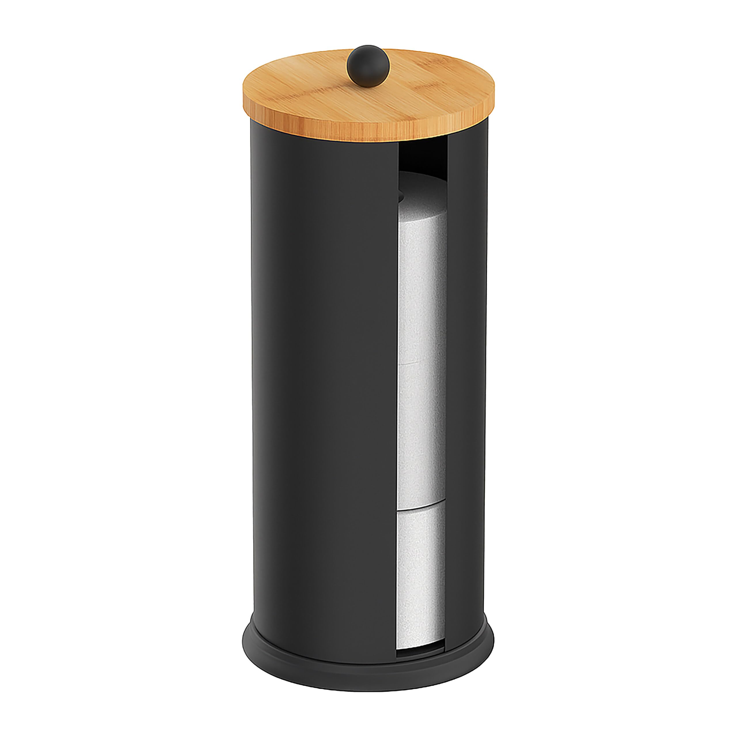 Relaxdays Black/Natural Toilet Paper Storage, 3 Rolls, Hxd 49 X 14.5 Cm, Metal, Bamboo, Spare Roll Holder,
