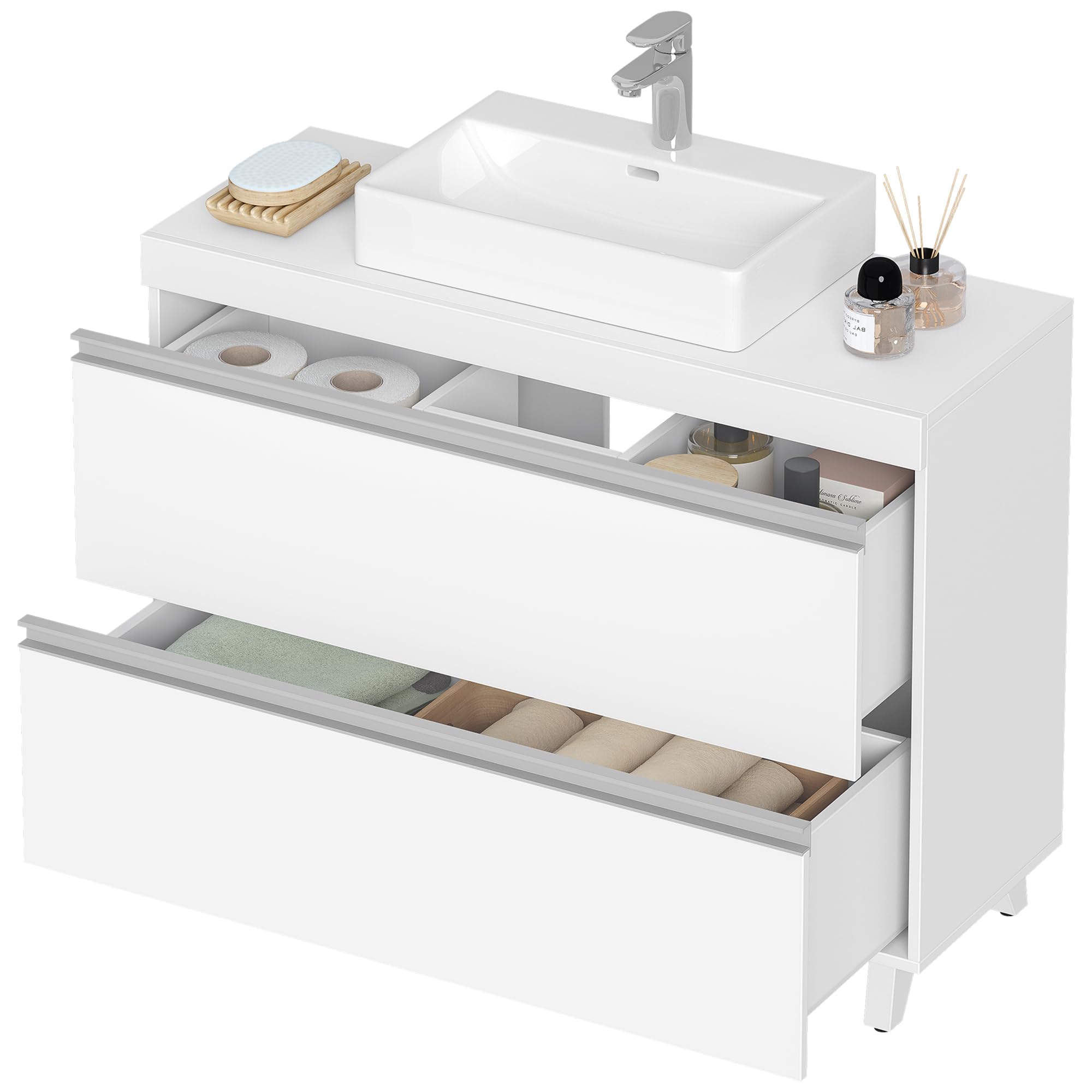 Hzuaneri Mueble Bajo Lavabo, Armario de Baño, 3 Cajones, 2 Puertas, con Pies, 30 x 80 x 64 cm, Estilo Moderno, Blanco BC36903X