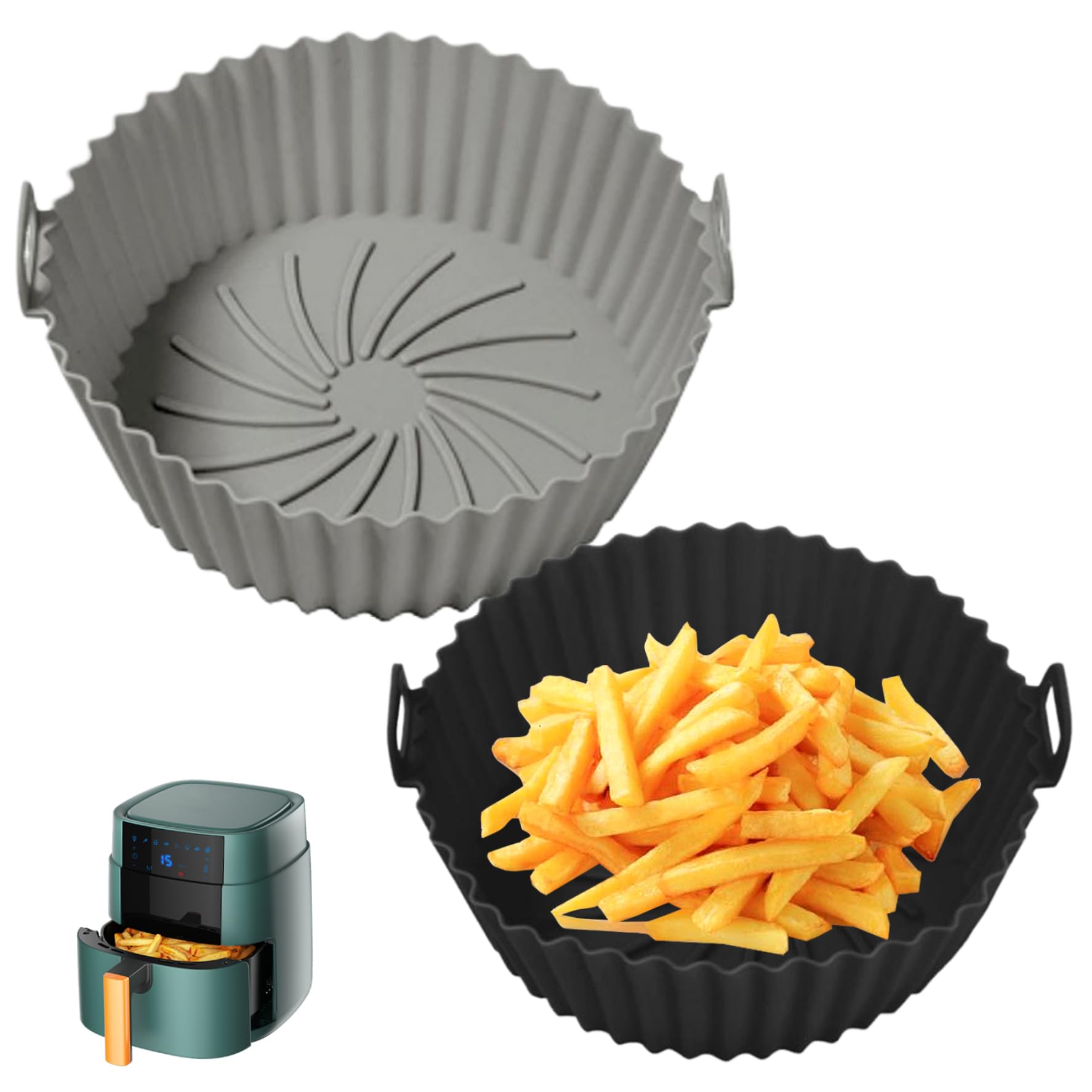 CAKEEYUM 2Pcs 8 Inch Round Silicone Air Fryer Liners Reusable Airfryer Basket Liner Non Stick with Handles for 3-5 QT Baskets Oven Liner
