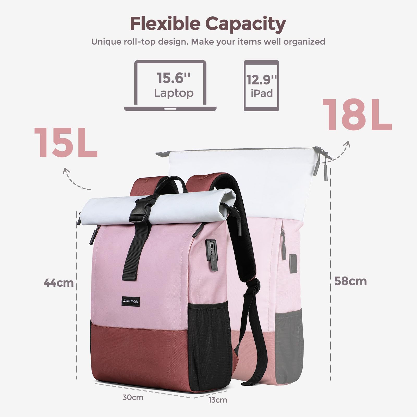 hk Sac à Dos Roll Top Femme pour Ordinateur Portable 15,6 Pouces Léger | Port USB imperméable grande capacité pour travail université voyage randonnée camping