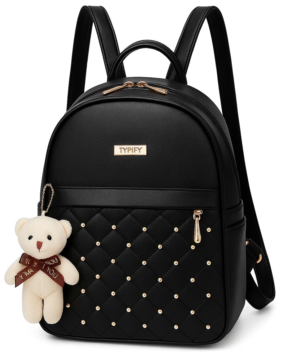 PU Leather Teddy Keychain Preppy Style Women Backpack Girls College Bag