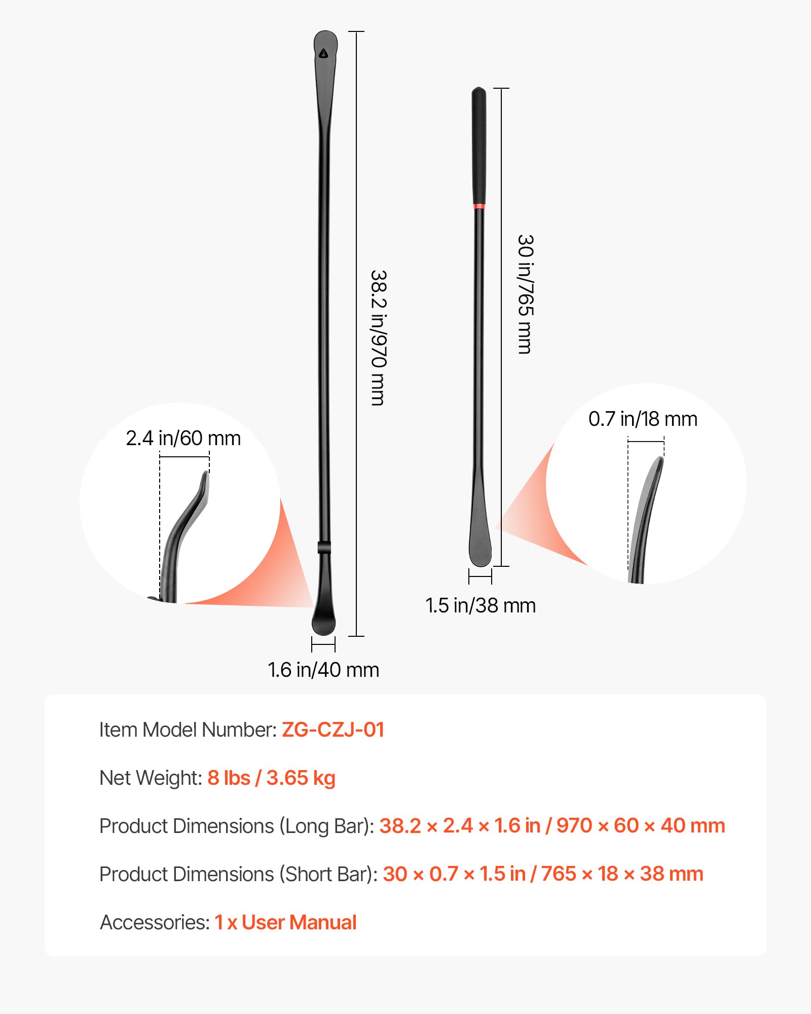 VEVOR Barras de Neumáticos 2 Piezas Largo de 97 cm y 76,5 cm, Cuchara para Desmontar Neumáticos de Acero de Aleación Resistente, para Camiones, Semirremolques, Vehículos Todoterreno, Furgonetas