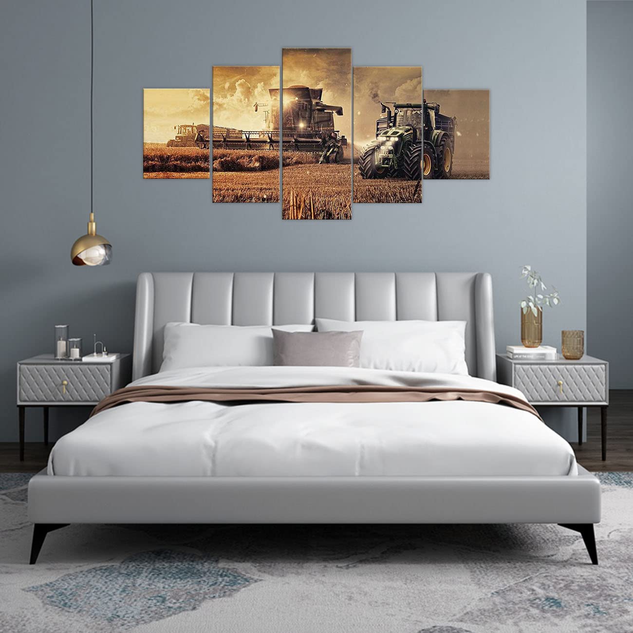 ZHONGYUTONG 5 Stück Bauernhof Traktor Leinwand Kunstdruck Herbst Landschaft Wandbild Residenz Gemälde Poster Moderne Heimdekoration (100x55cm, Rahmen)