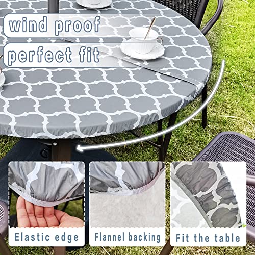 Randlanter Vinyl Round Fitted Tablecloth With Umbrella Hole Table Cover With Flannel Backing Oil&Waterproof Wipeable Vibrant Colors Elastic Edge Table Cover - Grey Morocco 36-44" #TOP5