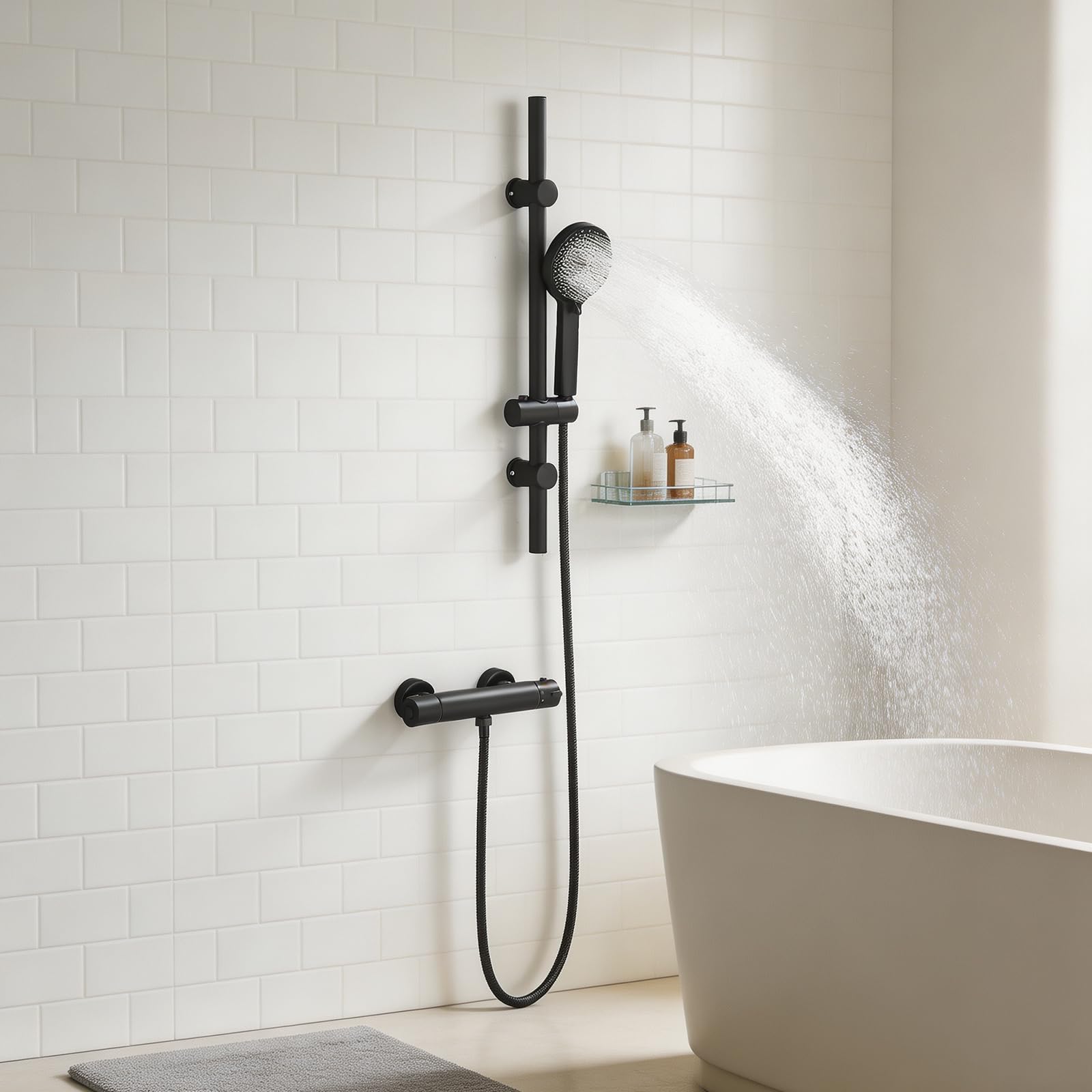 Duscharmatur Schwarz mit Brausegarnitur,Duscharmatur Kompletset mit Brausegarnitur 700 mm,Duschsystem mit Thermostat,Handbrause mit 3 Funktionen