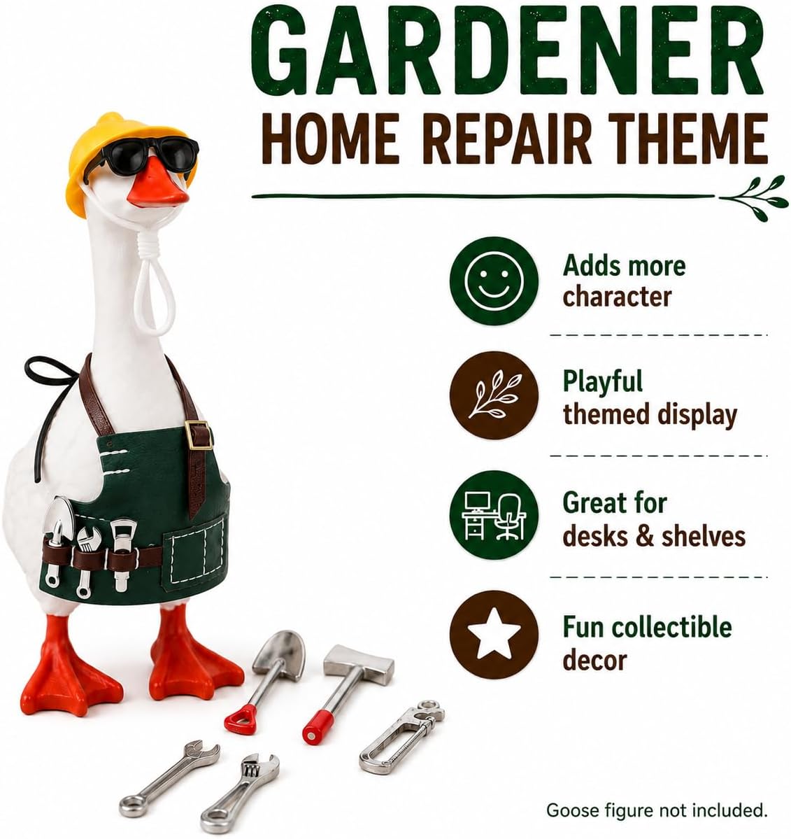Desk Goose Outfits for 7 Inch Desktop Goose, Gardener Home Repair Set with Green Apron, Hard Hat, Sunglasses, No-Lens Glasses and Mini Tools