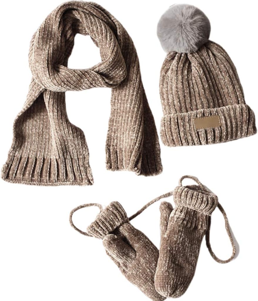 Scarf,3 In 1 Toddler Kids Winter Ribbed Knit Warm Hat Scarf Gloves Set Solid Color Beanie Cap Shawl Mittens Scarf