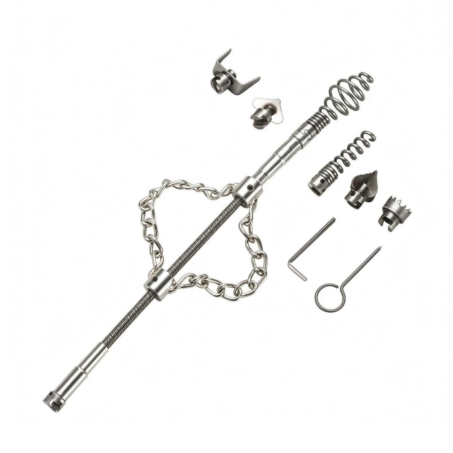 Interchangeable Heads Replaceable Head Drain Tool Metal Chain Drain Cleaner Removable Connection Pipe Cleaner for Kitchen, Double Chain SET-image-21