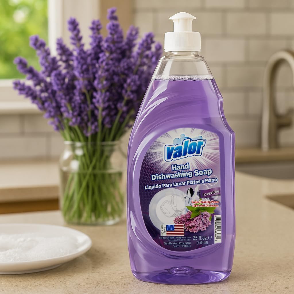 Valor Dishwashing Liquid, 25 fl oz – Dish Soap for Kitchen & Bathroom, Grease-Fighting, Gentle on Hands, Fast Rinse, Eco-Friendly Biodegradable Formula (25 fl oz (Pack of 12), Lavender)