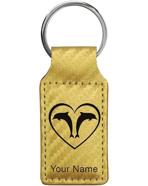 LaserGram Rectangle Keychain, Dolphin Heart, Personalized Engraving Included