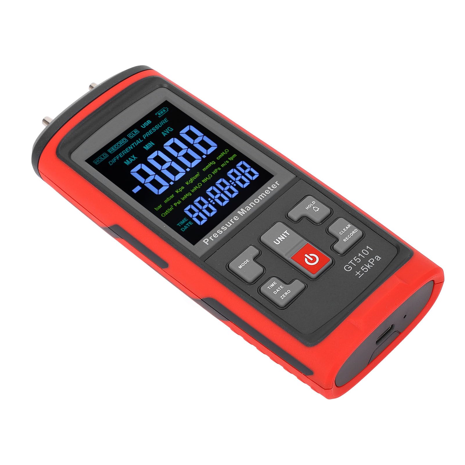 Topiky Misuratore di Pressione Differenziale ± 5kPa Manometro Digitale Manometro per Gas Portatile con Display LCD Retroilluminato a 2 Porte per Misurazione del Gas HVAC