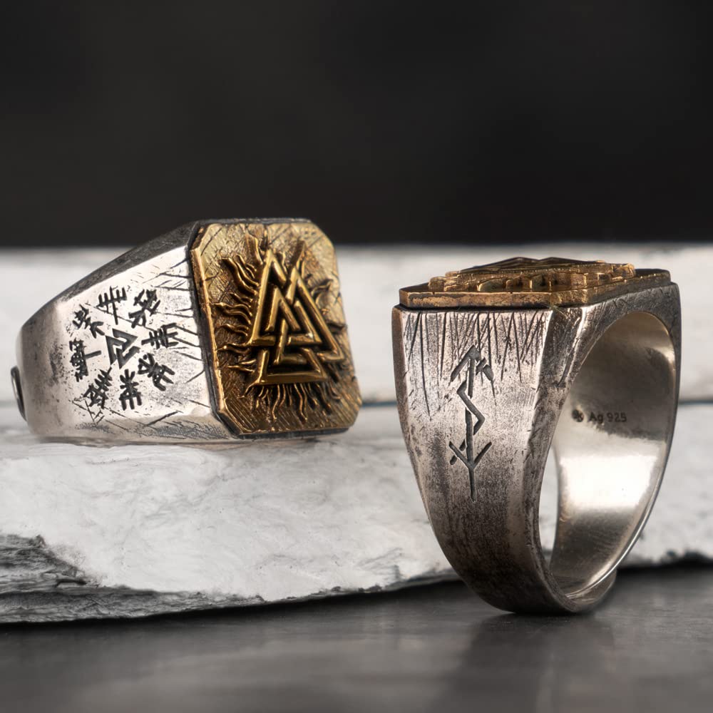 Zweifarbiger Wikinger-Valknus-Ring aus 925er-Sterlingsilber, DREI ineinandergreifende Dreiecke, Siegelring, Schmuck für Männer, offen, verstellbar