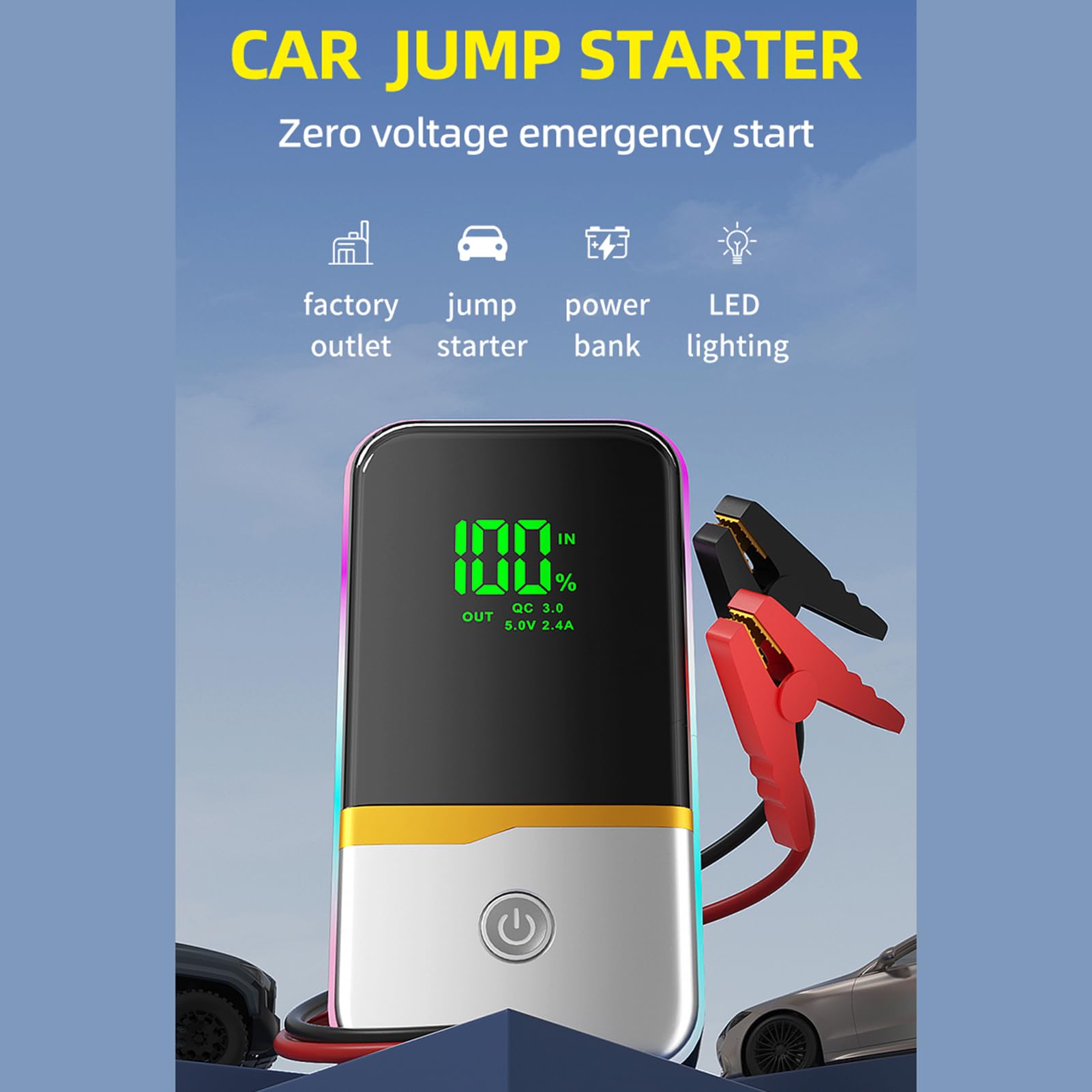 Batteria per auto di emergenza con avviamento di emergenza da 600 A, portatile con porte USB, luci decorative per atmosfera