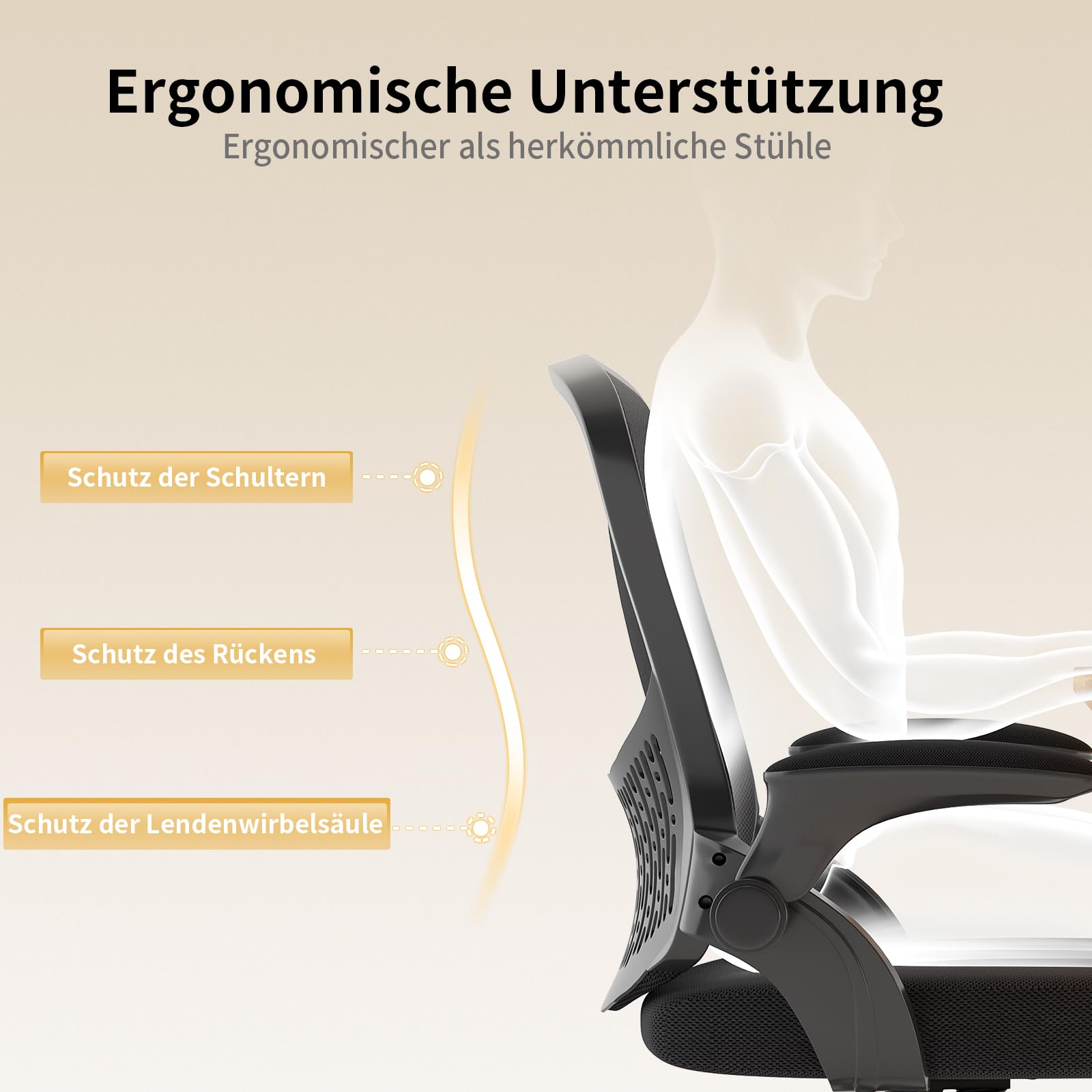 naspaluro Ergonomischer Bürostuhl, Schreibtischstuhl mit 90° Klappbaren Armlehnen, Einzigartige Lendenwirbelstütze, Atmungsaktive Mesh-Polsterung für das Heimbüro, Studie, Schwarz