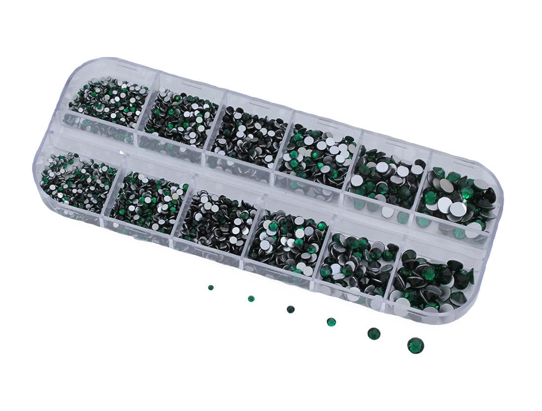 Over 2100 Pieces Green Emerald Flat Back Glass Rhinestones Crystals for Nail Art Kit 6 Sizes (1.4mm - 4.8mm)