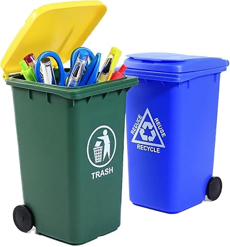 Mini Garbage Trash Pen Holder for Desk | Tiny Recycle Bin Pencil Holder Green & Blue, Pack of 2 | Storage for Pencil & Pen | Office Stationery to Organize the Desk | Ideal for Student Work