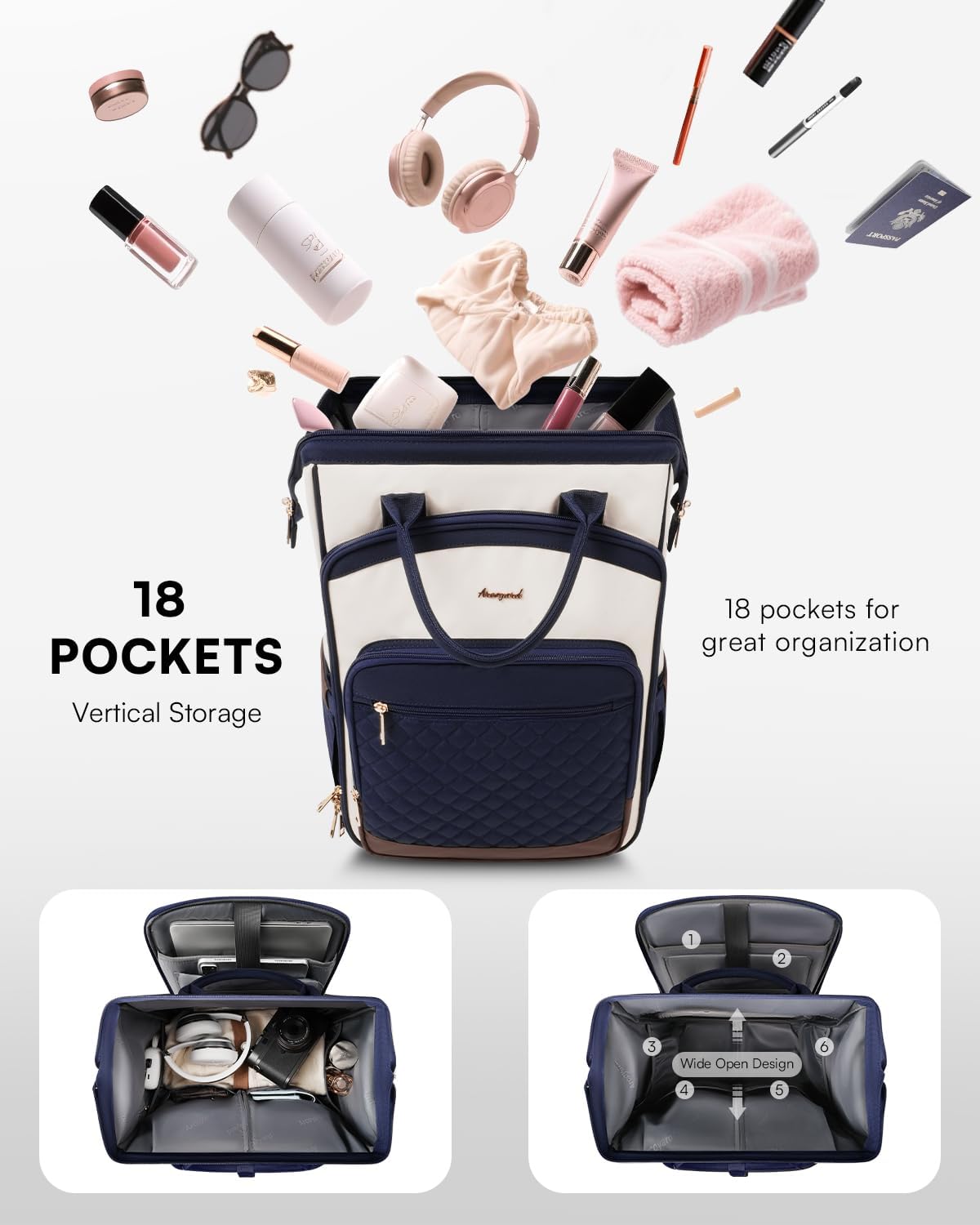 Condition photo showing As Is for rolling backpack for women, travel backpack with wheels, vertical storage wheeled laptop backpack, backpack on wheels for college business work overnight, stylish rolling laptop bag, navy blue