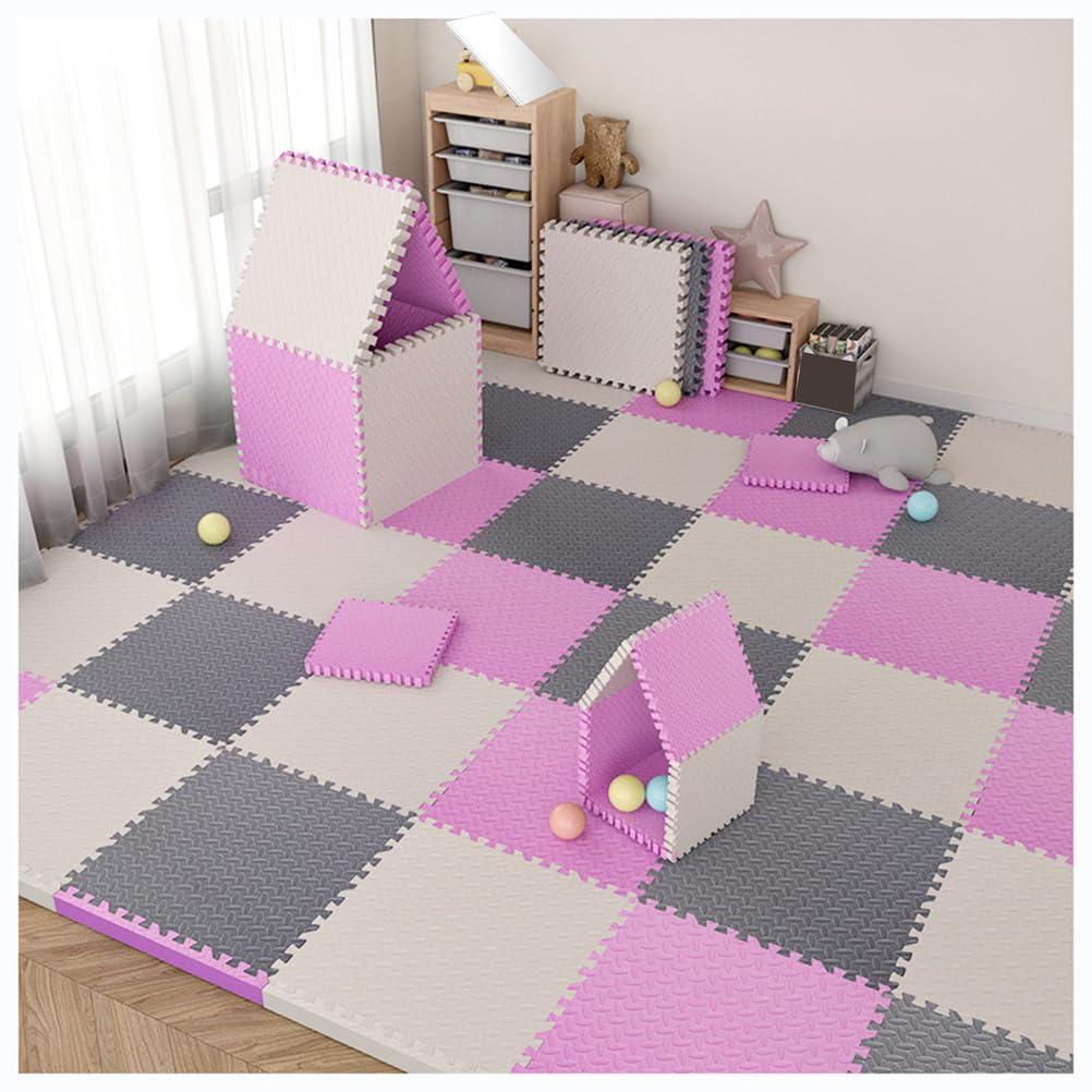Pluszowa mata do raczkowania, Zestaw mat do zabawy z blokadą z pianki EVA, 36 sztuk, 12 x 12 x 1 cali, wielokolorowych z płytkami puzzli(White/Pink/Gray)