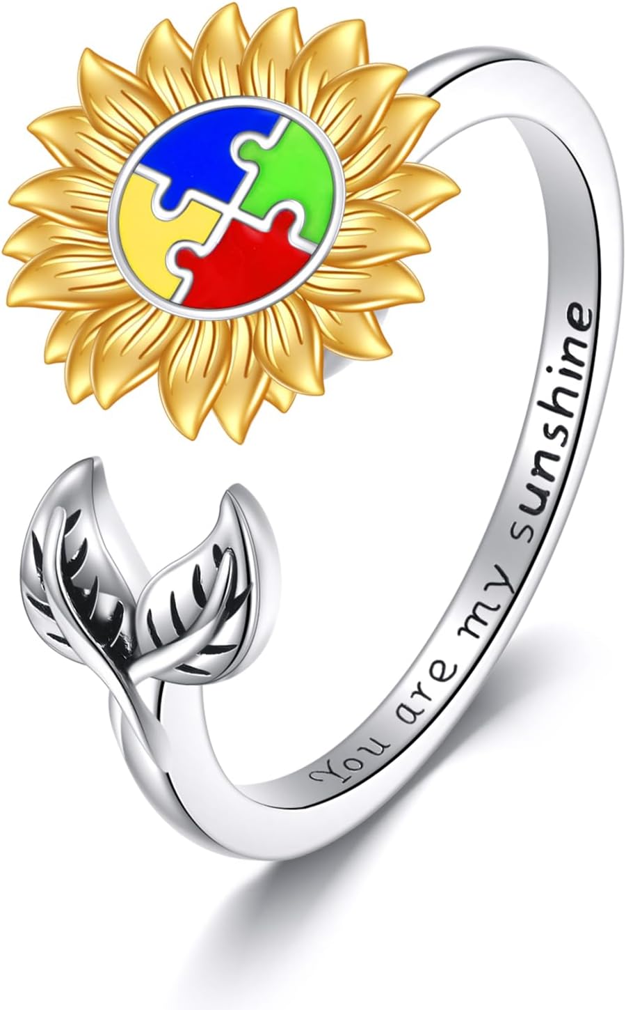 YFN Autism Ring Sterling Silver Anxiety Spinner Fidget Adjustable Ring Sunflower Autism Awareness Jewelry Gifts for Women